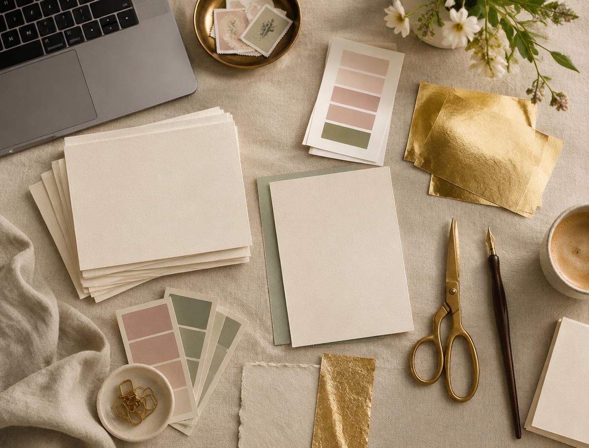 An invitation designer's desk with paper, swatches and gold foil